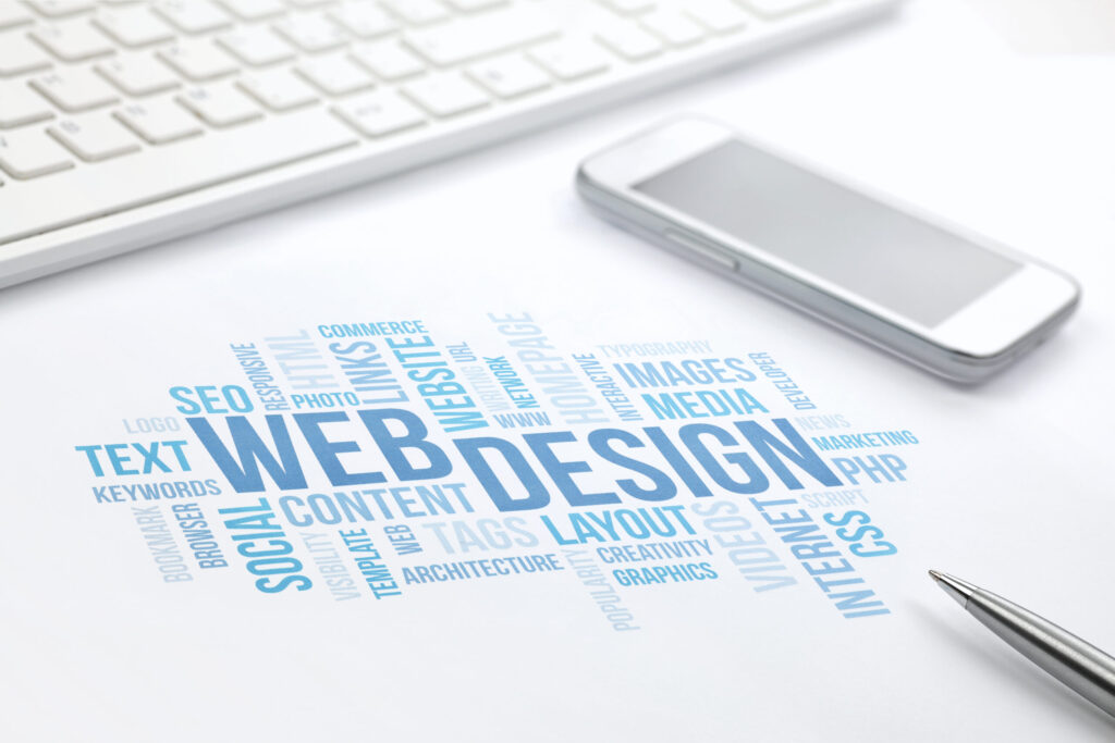 web design business concept word cloud print document, keyboard,